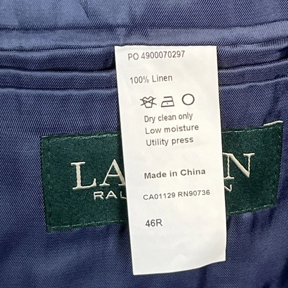 Lauren Ralph Lauren 46R Blue Windowpane 100% Linen Blazer Sport Coat